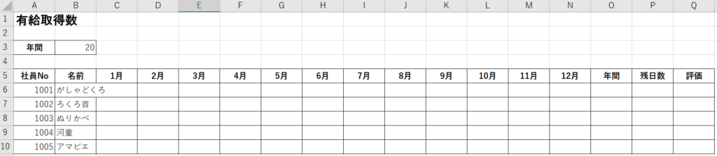 Excelの罫線を引いた表